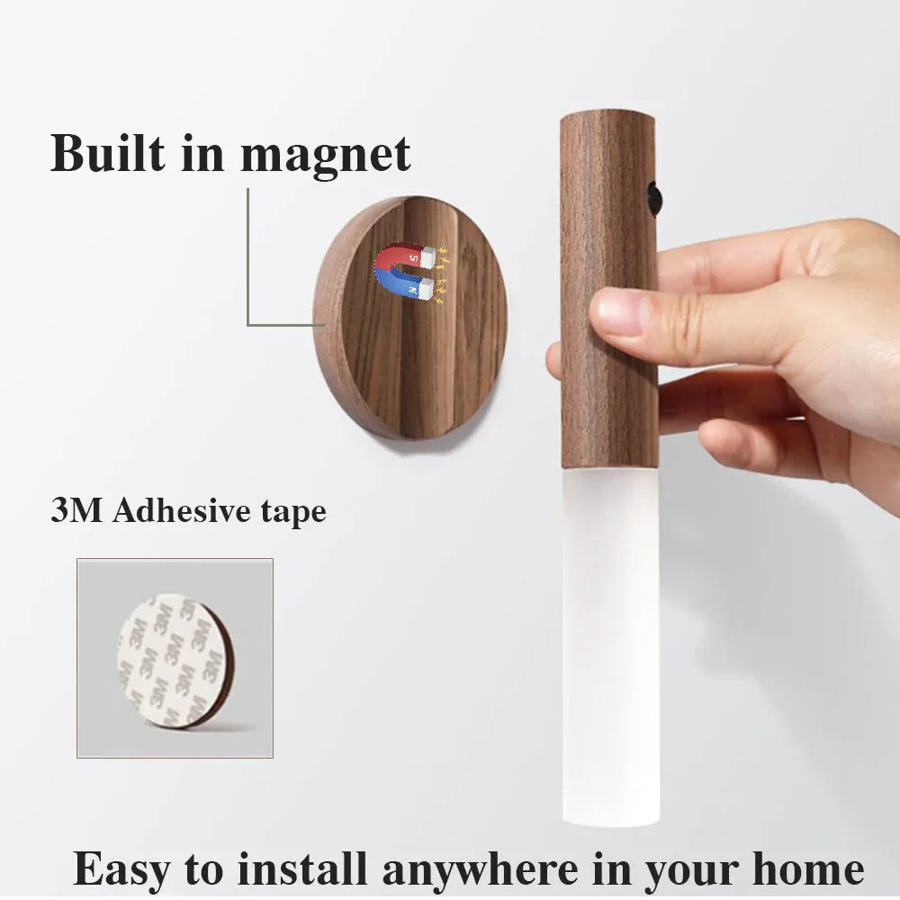 LED USB Magnetic Wood Wireless Night Light Motion Sensor Wall Light