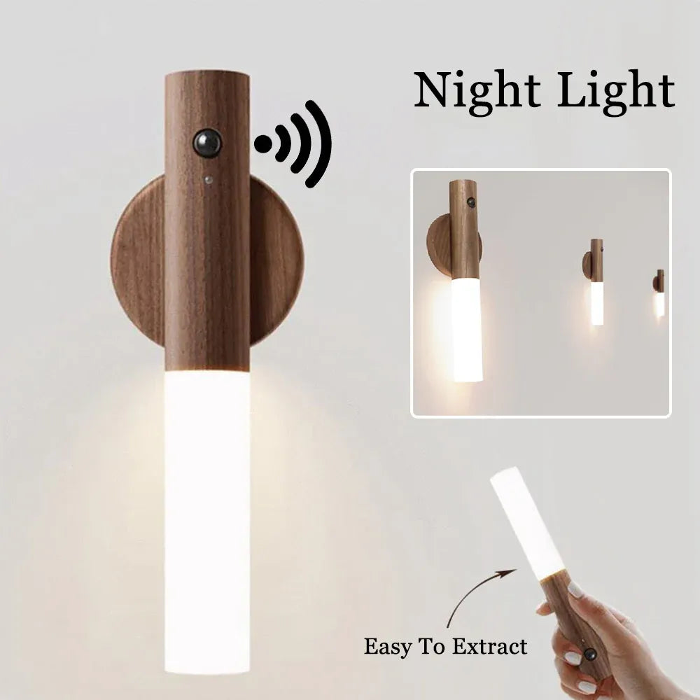 LED USB Magnetic Wood Wireless Night Light Motion Sensor Wall Light